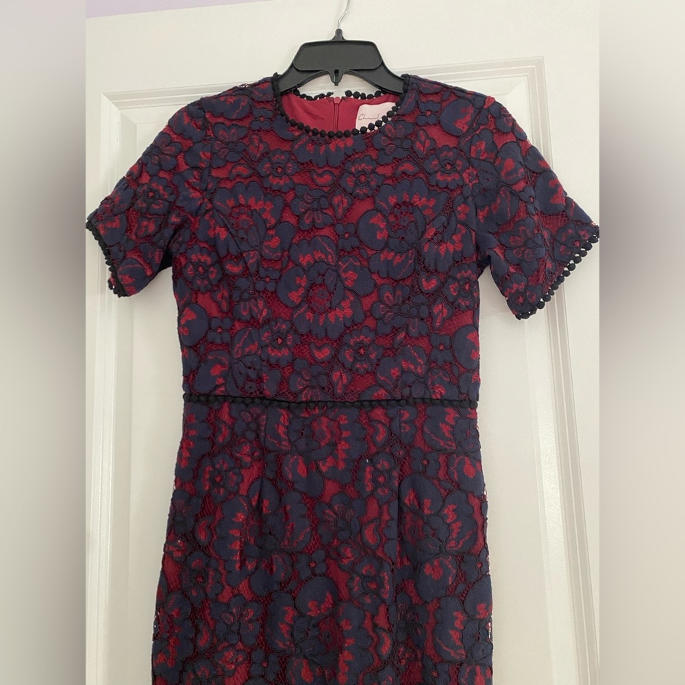 Navy & burgundy Short sleeve lace overlay dress